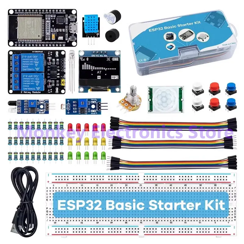 Kit de desenvolvimento para iniciantes com ESP32 (microcontrolador com wifi), sensores, cabos, placa de prototipagem, relés, leds Kit de desenvolvimento para iniciantes com ESP32 (microcontrolador com wifi), sensores, cabos, placa de prototipagem, relés, leds