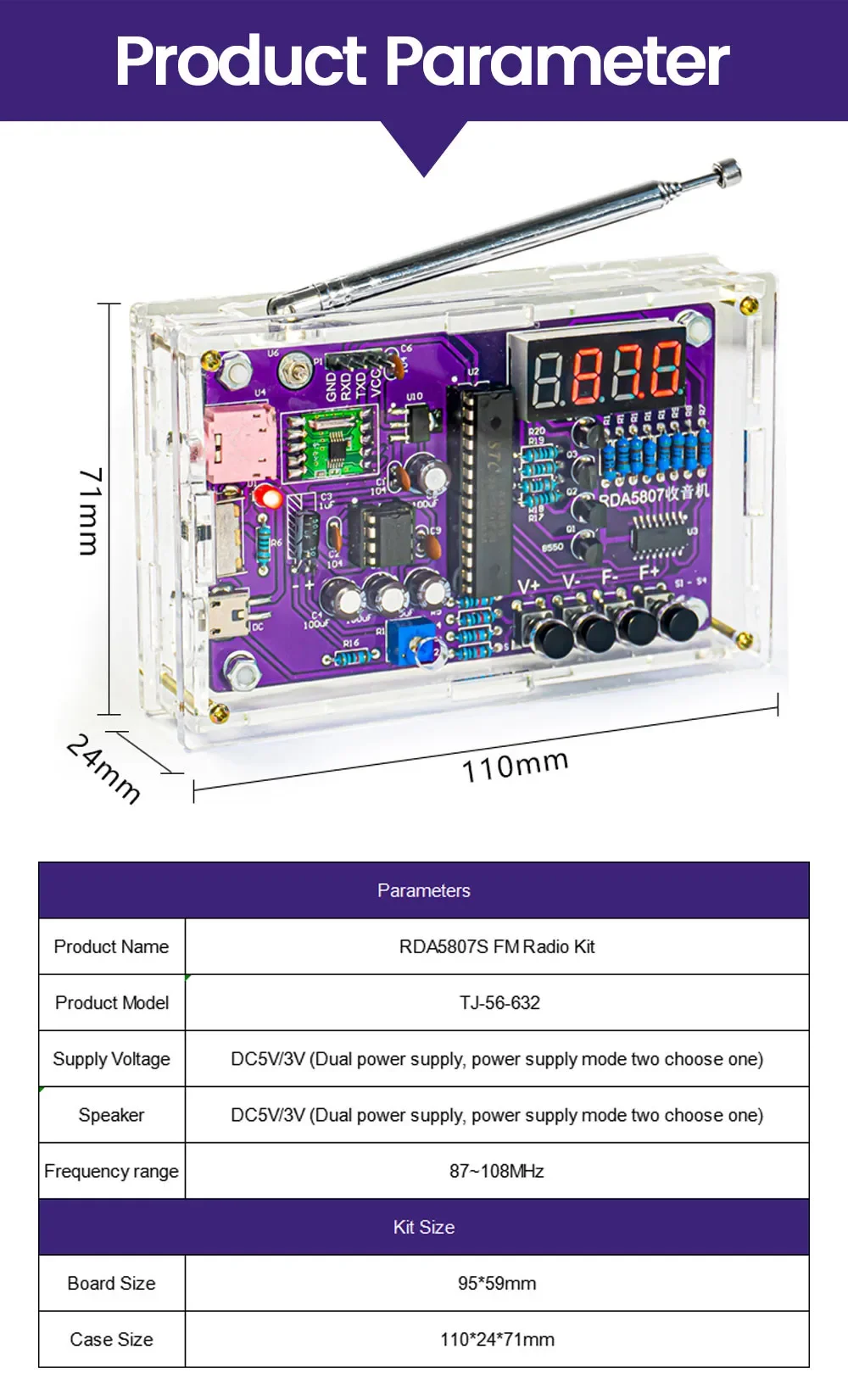 Kit rádio FM para praticar a soldar, frequência ajustável 87-108mhz, display LED