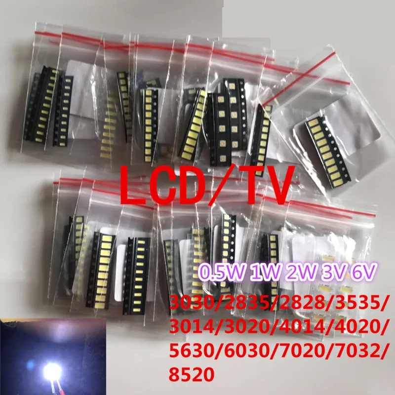 Kit LEDs individuais SMD branco frio para televisões, 1W, 0,5 W, 3V, 6V, 3030, 2835, 3535, 4020, 5630, 6030, 7020, 7030, 7030, 7032, 15 Valores x 10
