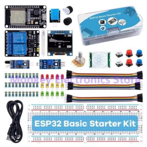Kit de desenvolvimento para iniciantes com ESP32 (microcontrolador com wifi), sensores, cabos, placa de prototipagem, relés, leds