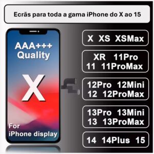 Ecrã LCD/OLED para iPhone X, XS, XS MAX, XR, 11, 12, 13, 14, 15 todas as versões pro, pro max, mini, plus